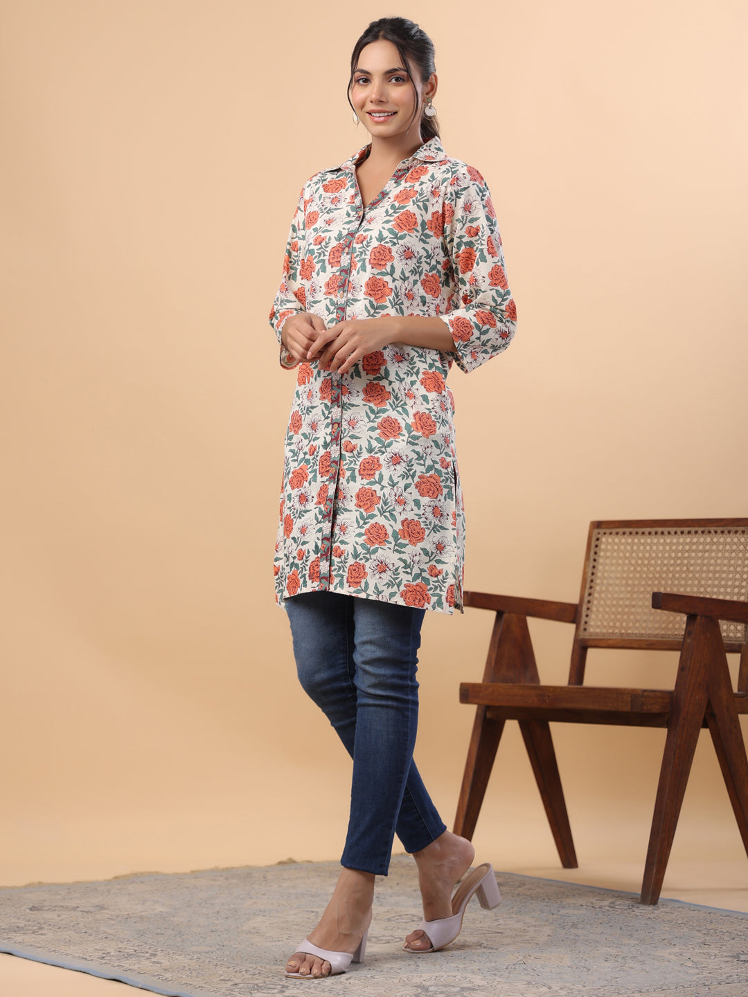 Cream Cotton Floral A-Line Tunic  - By Janasya