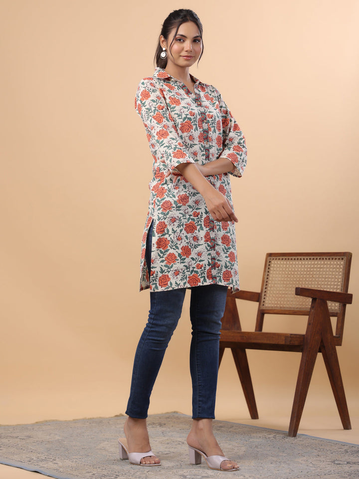 Cream Cotton Floral A-Line Tunic  - By Janasya