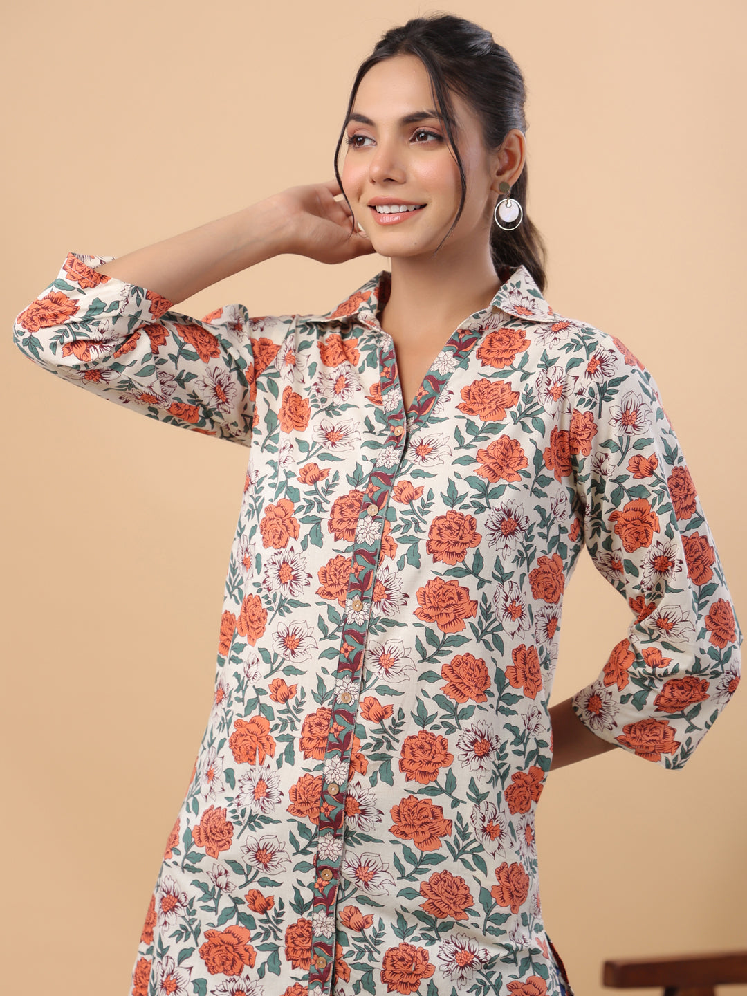 Cream Cotton Floral A-Line Tunic  - By Janasya