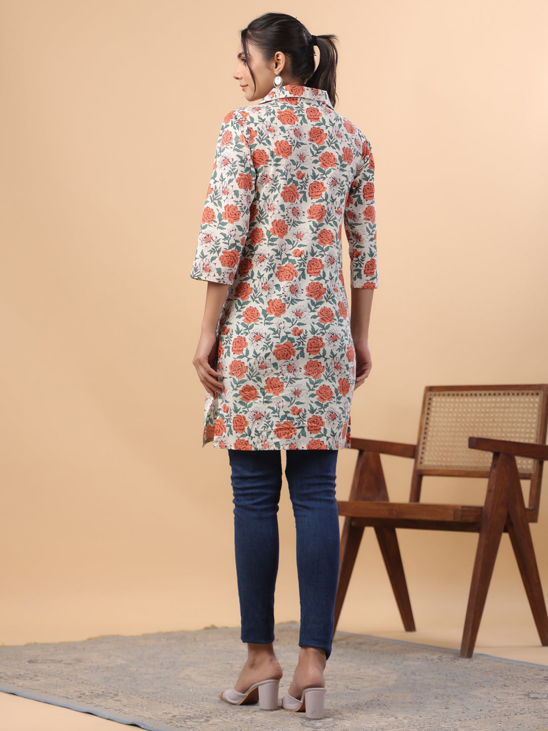 Cream Cotton Floral A-Line Tunic  - By Janasya