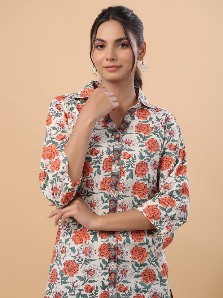 Cream Cotton Floral A-Line Tunic  - By Janasya