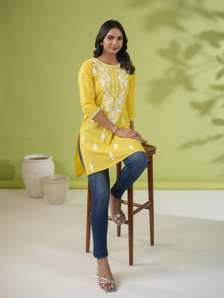 Yellow Cotton Chikankari Regular Tunic  - By Janasya