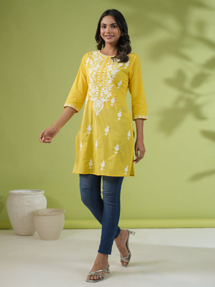 Yellow Cotton Chikankari Regular Tunic  - By Janasya