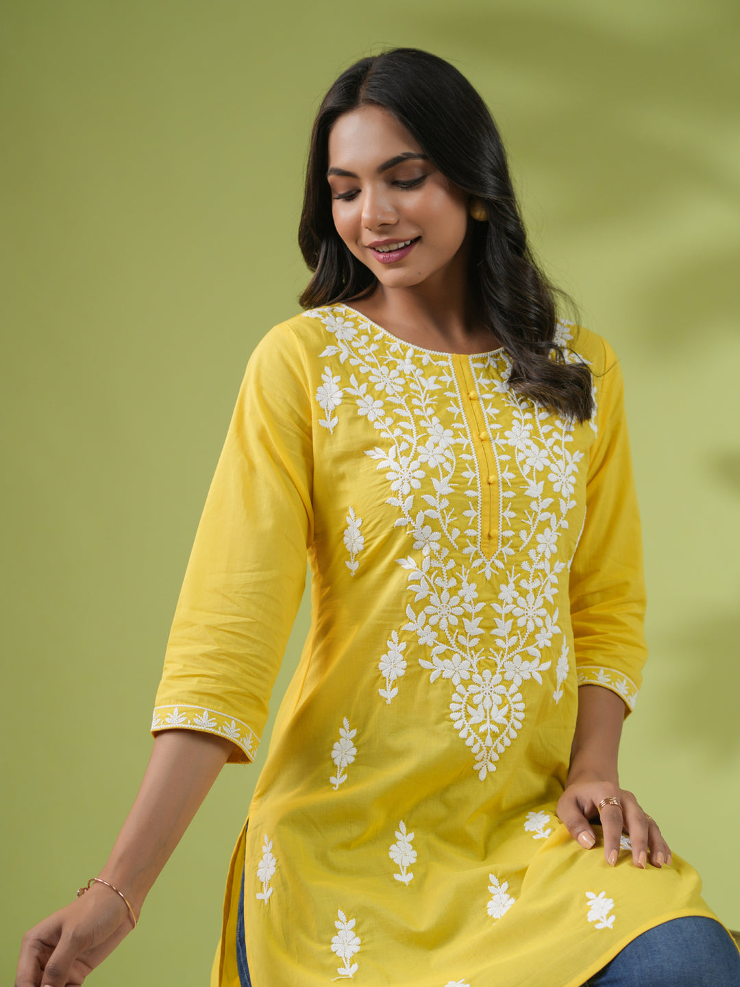 Yellow Cotton Chikankari Regular Tunic  - By Janasya