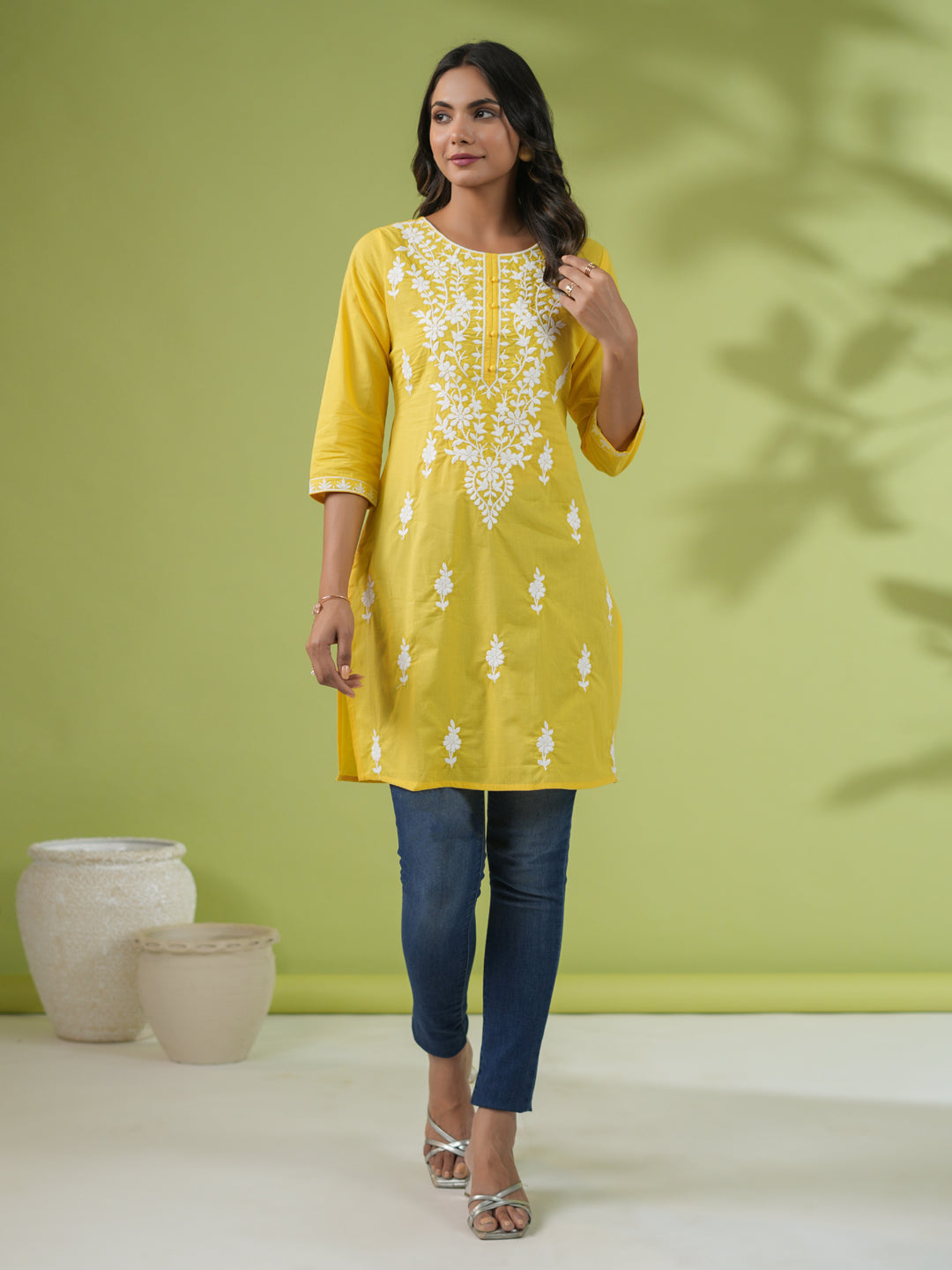 Yellow Cotton Chikankari Regular Tunic  - By Janasya