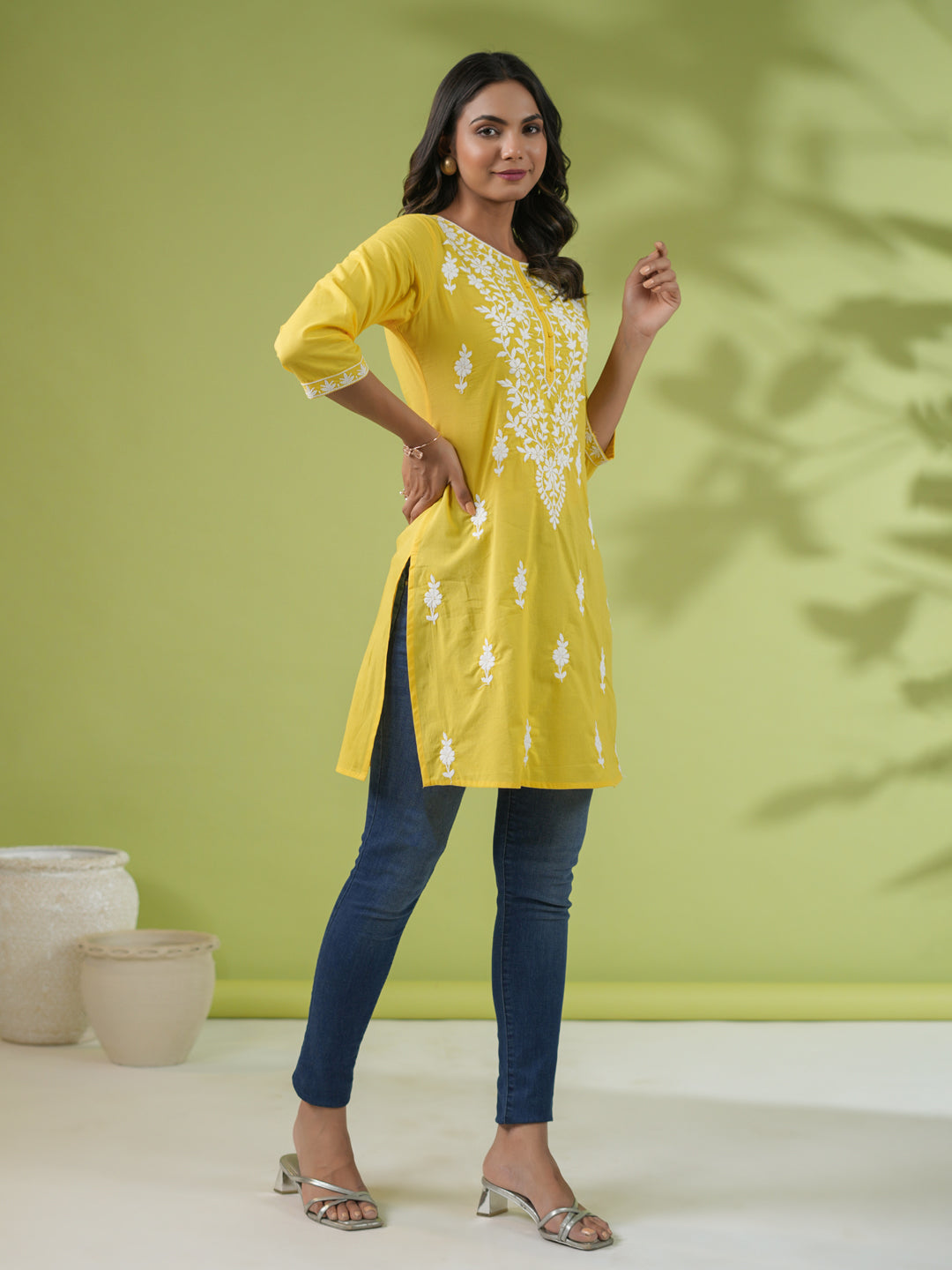 Yellow Cotton Chikankari Regular Tunic  - By Janasya