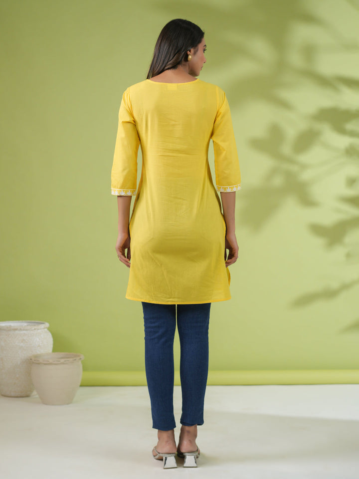 Yellow Cotton Chikankari Regular Tunic  - By Janasya