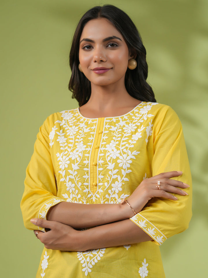 Yellow Cotton Chikankari Regular Tunic  - By Janasya