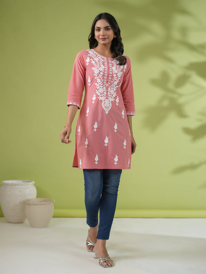 Peach Cotton Chikankari Regular Tunic  - By Janasya