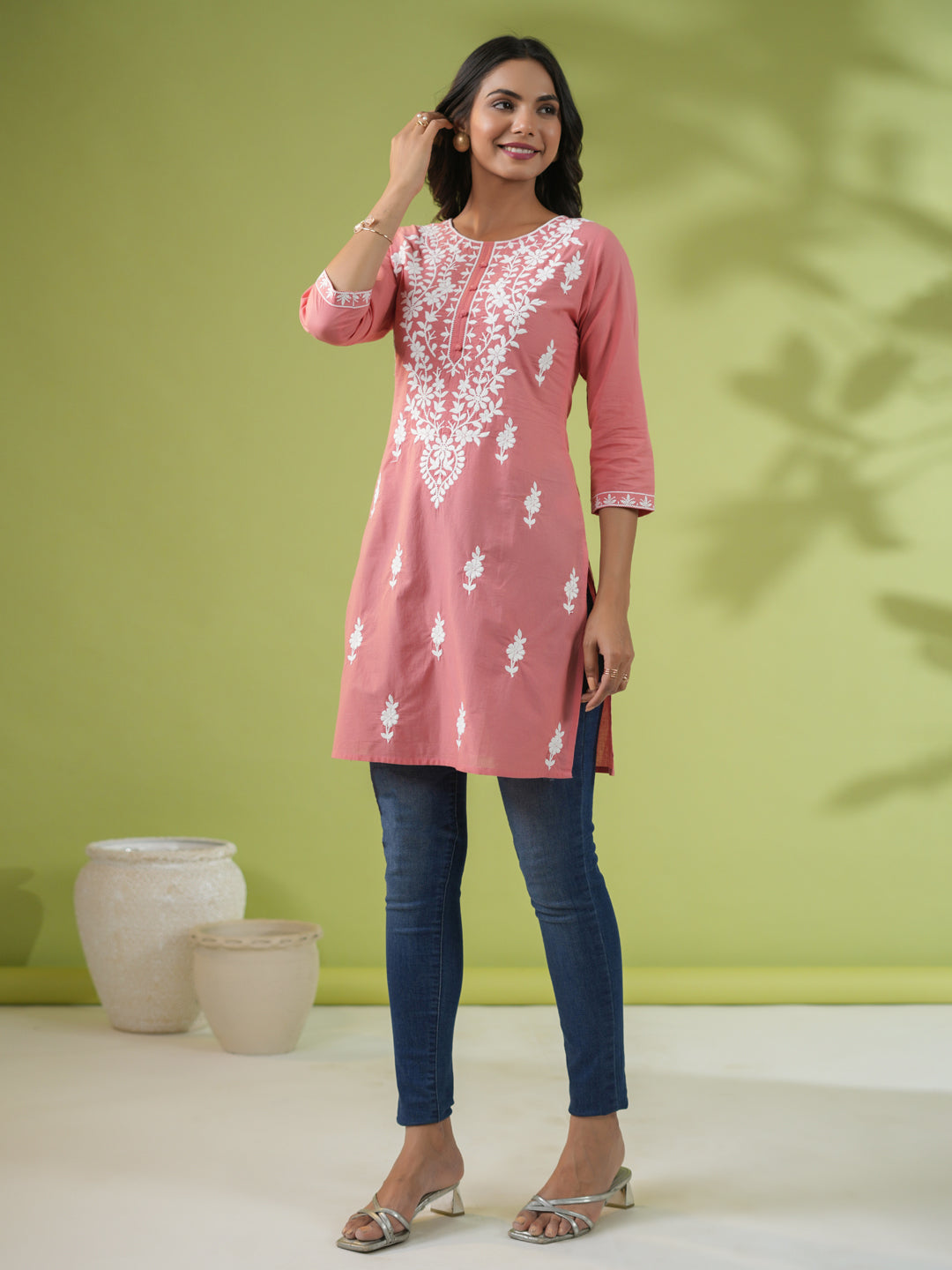 Peach Cotton Chikankari Regular Tunic  - By Janasya