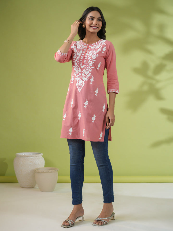 Peach Cotton Chikankari Regular Tunic  - By Janasya