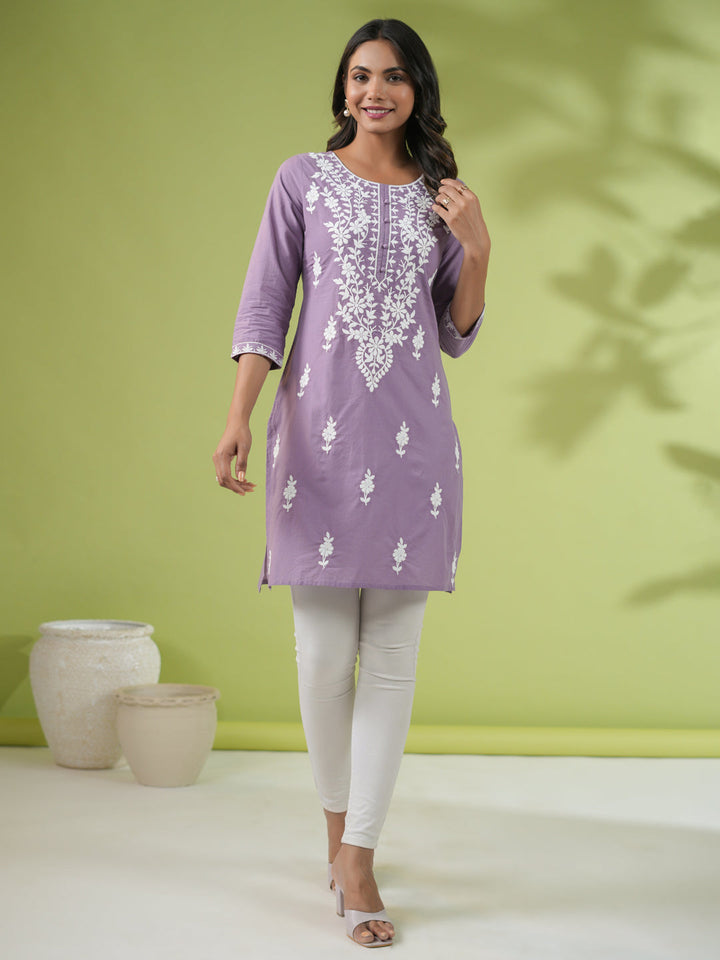 Lavender Cotton Embroidered Regular Tunic  - By Janasya