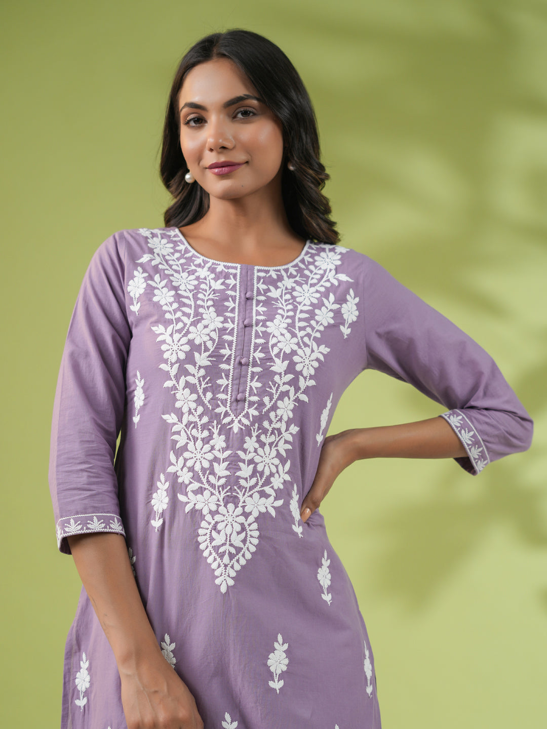 Lavender Cotton Embroidered Regular Tunic  - By Janasya