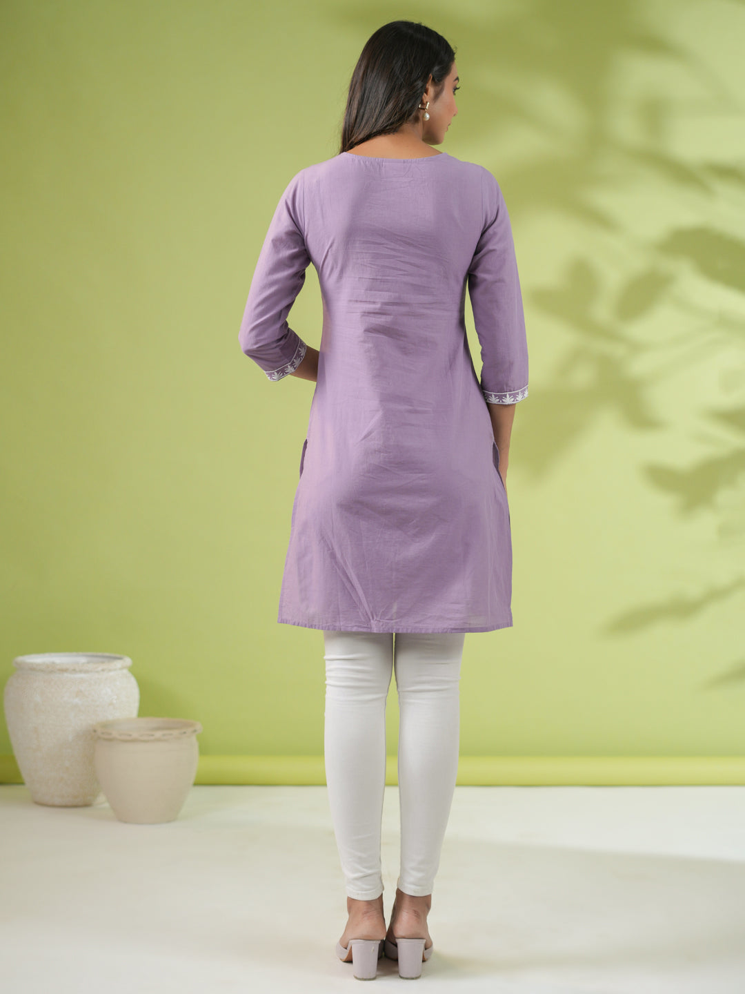 Lavender Cotton Embroidered Regular Tunic  - By Janasya