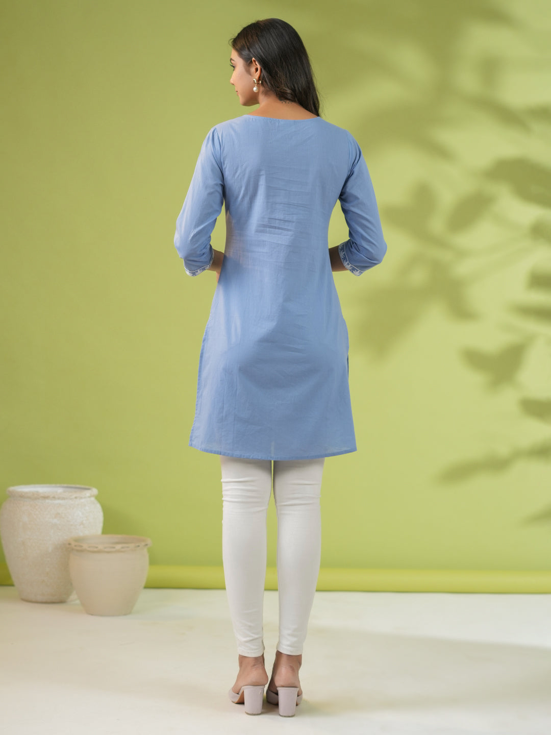 Blue Cotton Embroidered Regular Tunic  - By Janasya