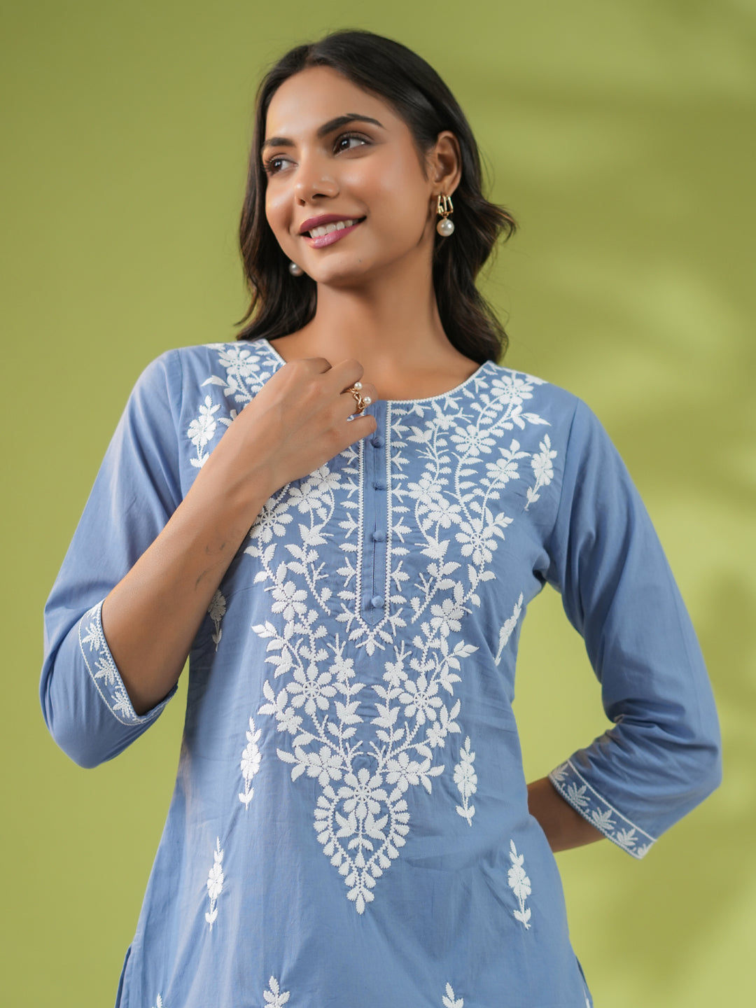 Blue Cotton Embroidered Regular Tunic  - By Janasya