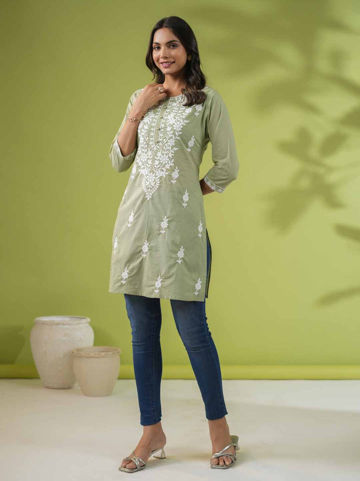 Sage Cotton Chikankari Tunic  - By Janasya