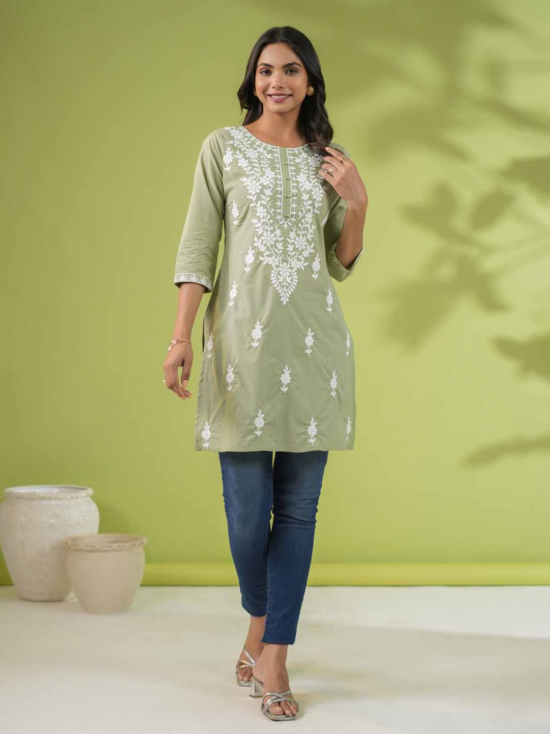 Sage Cotton Chikankari Tunic  - By Janasya