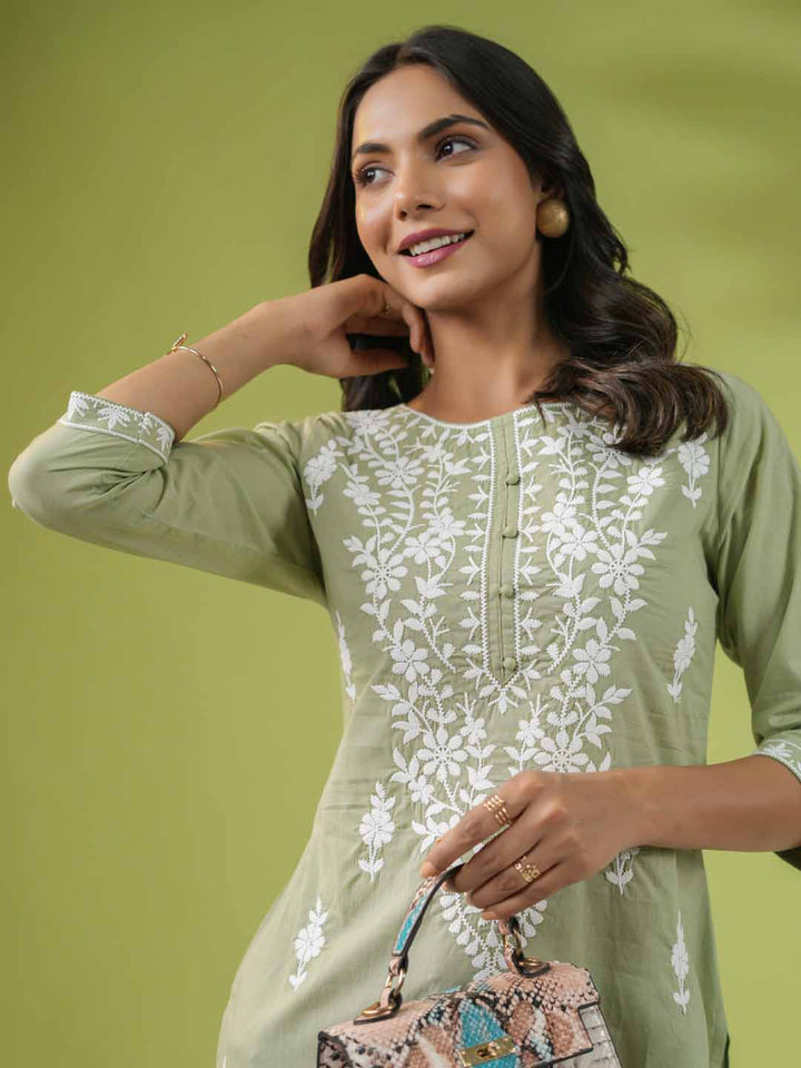 Sage Cotton Chikankari Tunic  - By Janasya