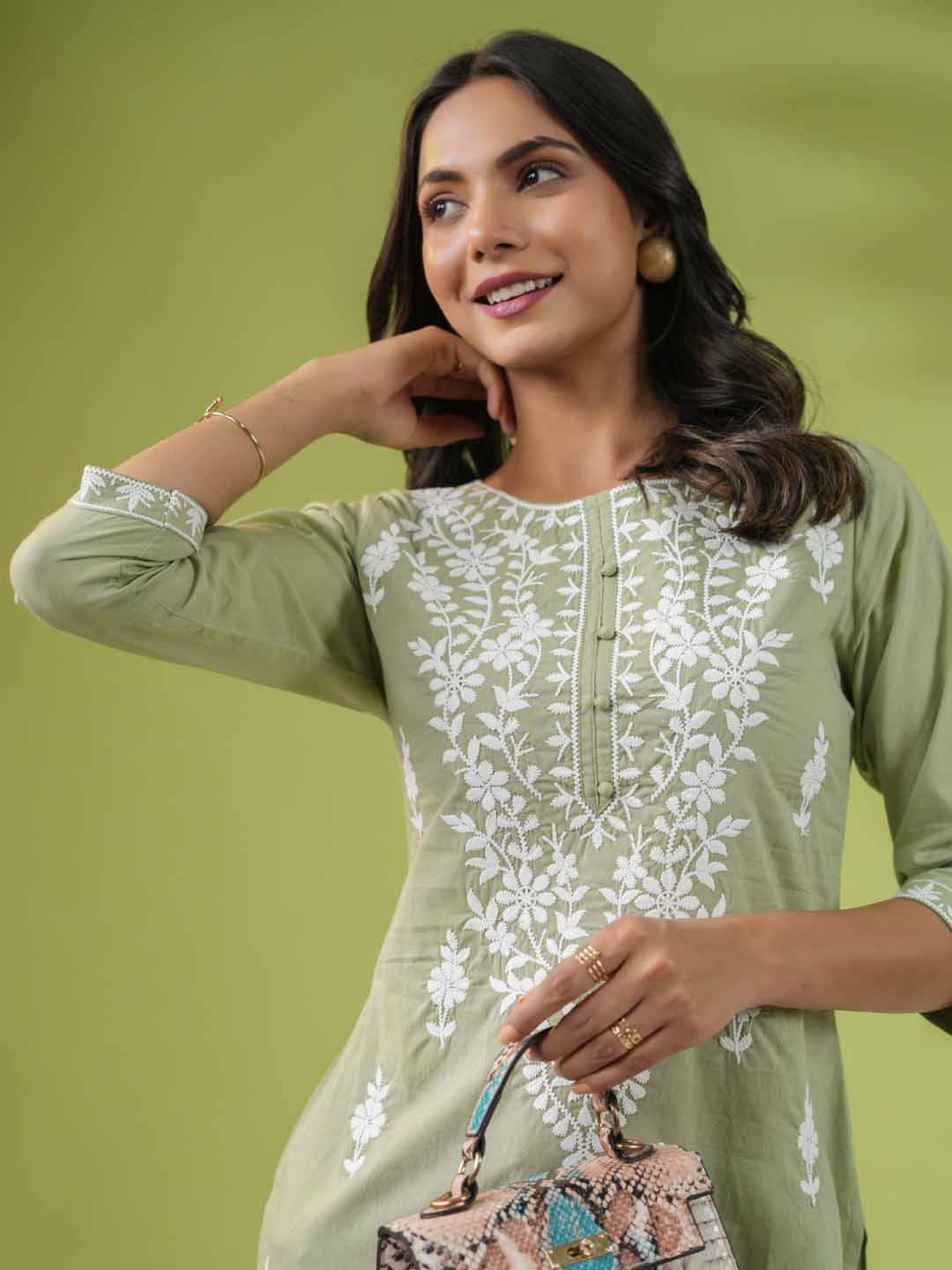 Sage Cotton Chikankari Tunic - qivii
