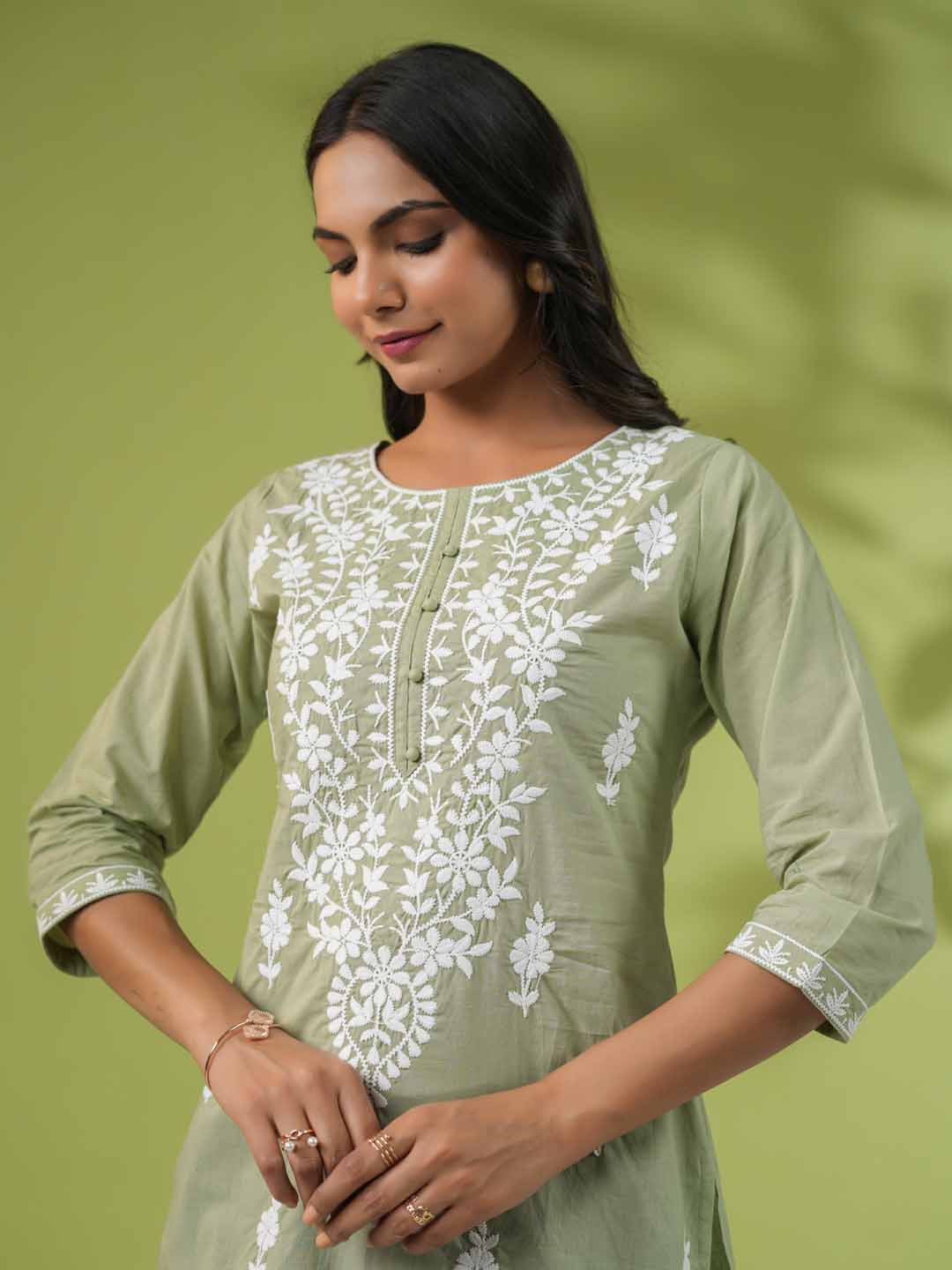 Sage Cotton Chikankari Tunic  - By Janasya