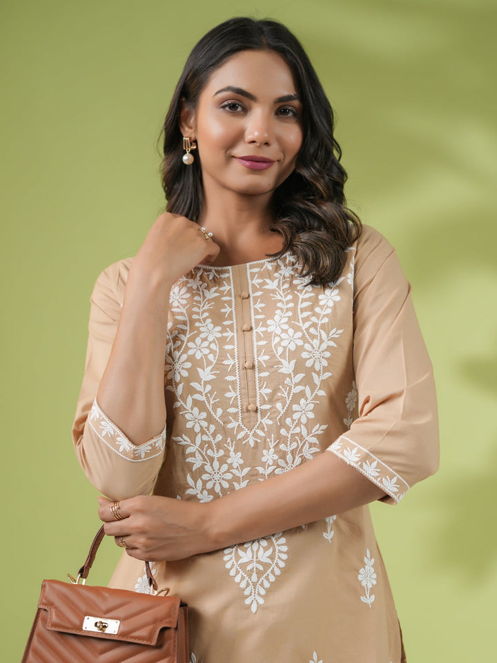 Beige Cotton Chikankari Regular Tunic  - By Janasya