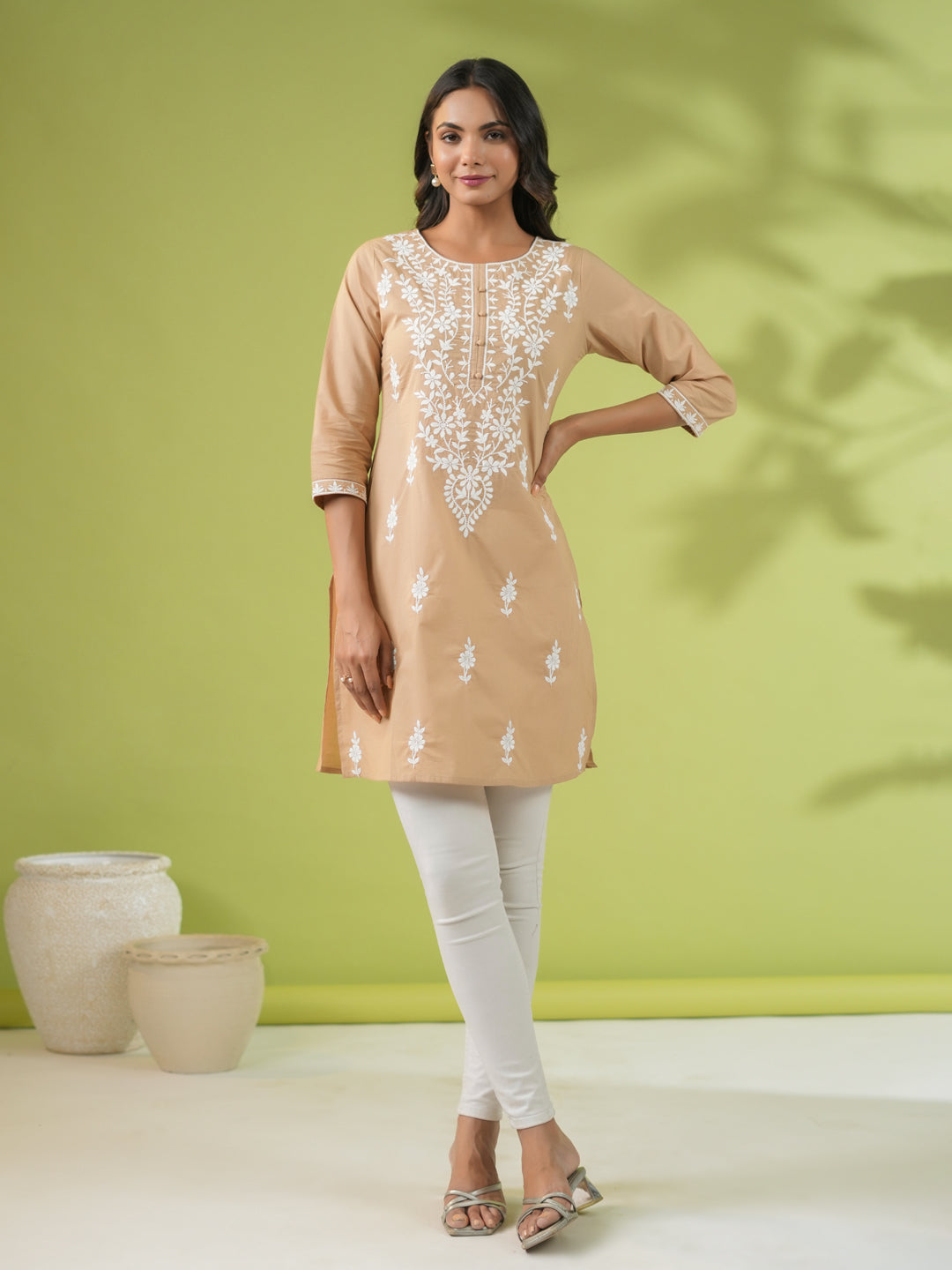 Beige Cotton Chikankari Regular Tunic  - By Janasya