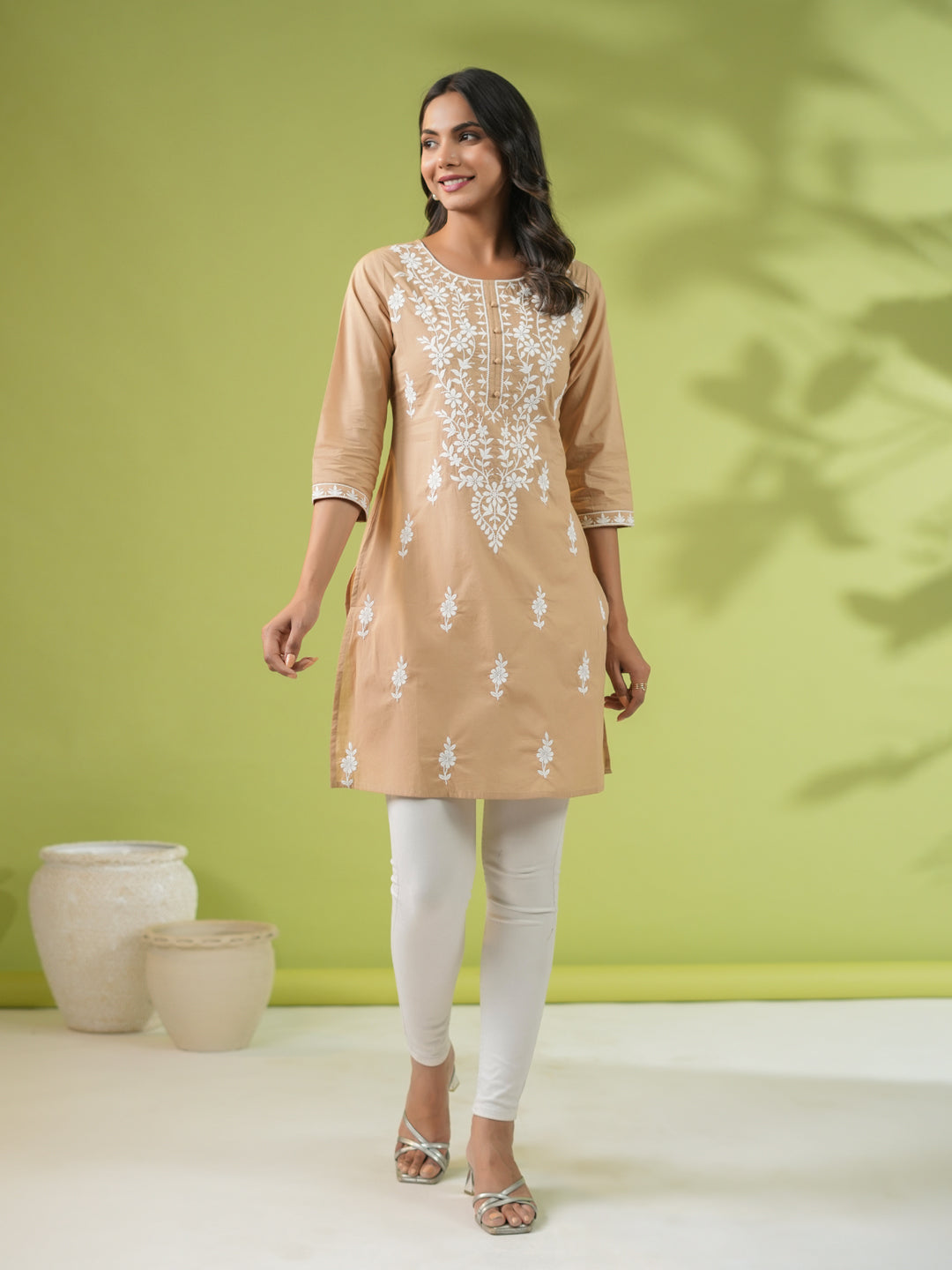 Beige Cotton Chikankari Regular Tunic  - By Janasya