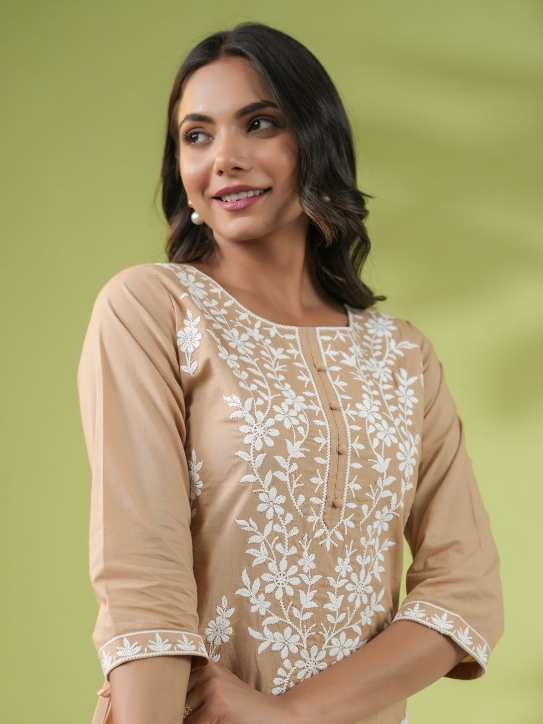 Beige Cotton Chikankari Regular Tunic  - By Janasya