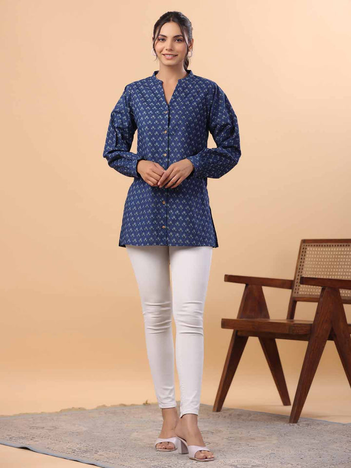 Indigo Cotton Floral A-Line Tunic  - By Janasya