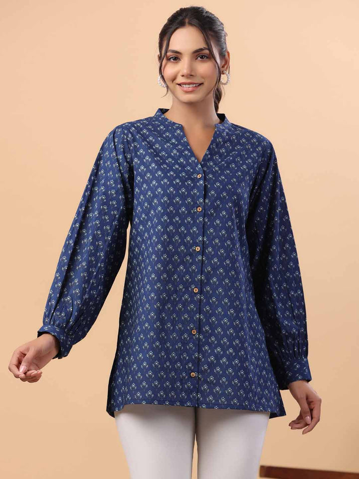 Indigo Cotton Floral A-Line Tunic  - By Janasya