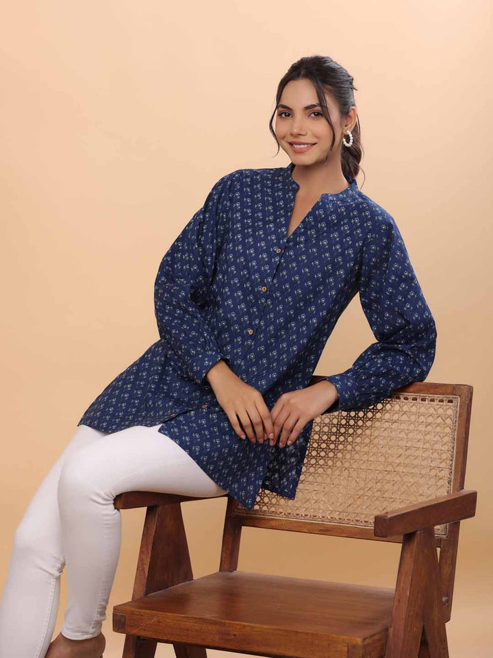 Indigo Cotton Floral A-Line Tunic  - By Janasya