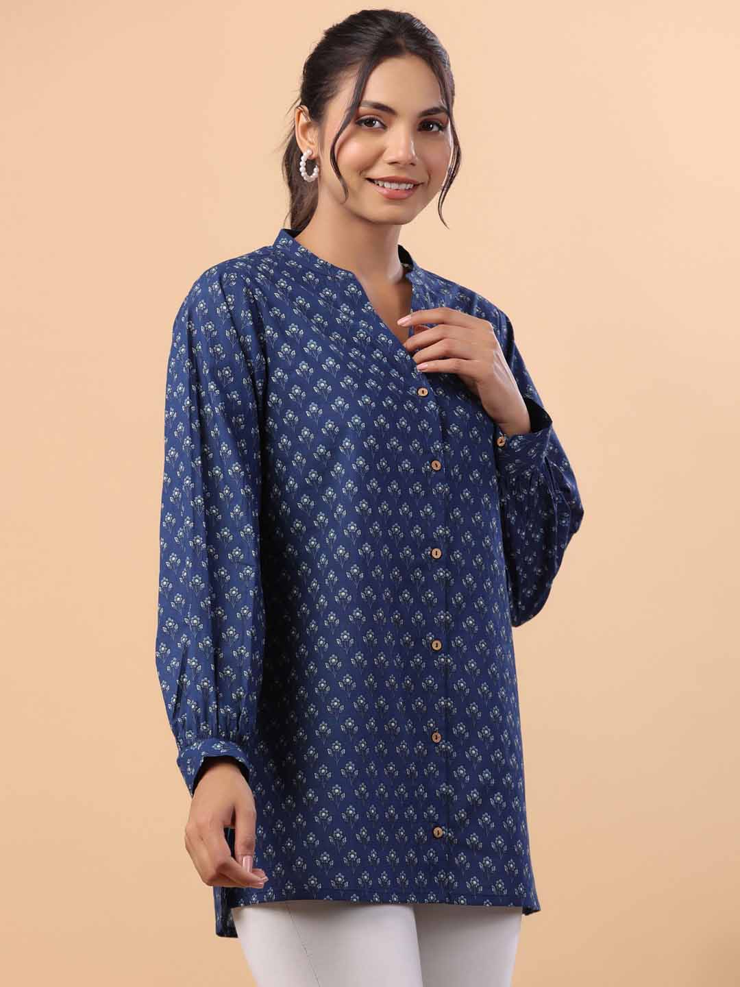 Indigo Cotton Floral A-Line Tunic  - By Janasya