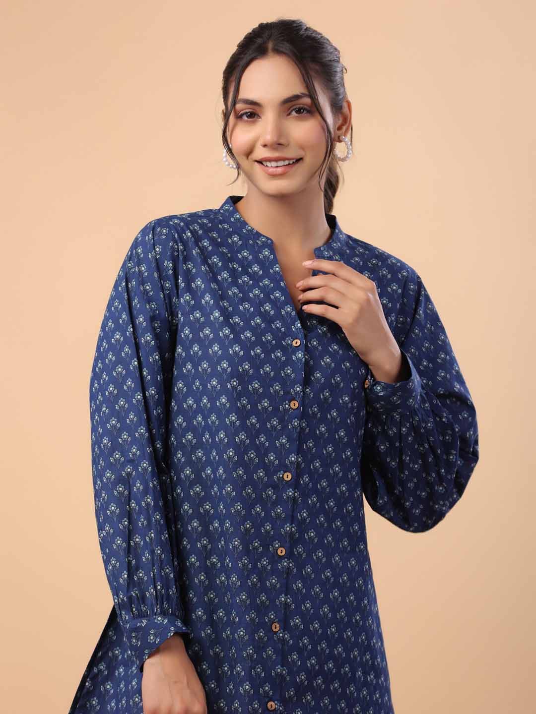 Indigo Cotton Floral A-Line Tunic  - By Janasya