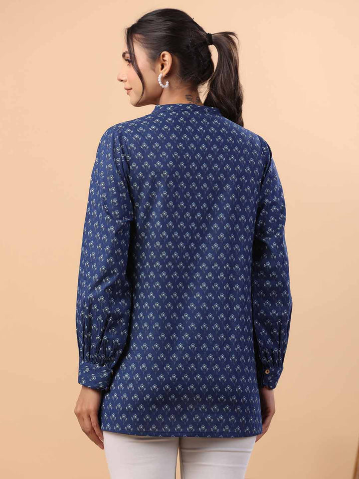 Indigo Cotton Floral A-Line Tunic  - By Janasya