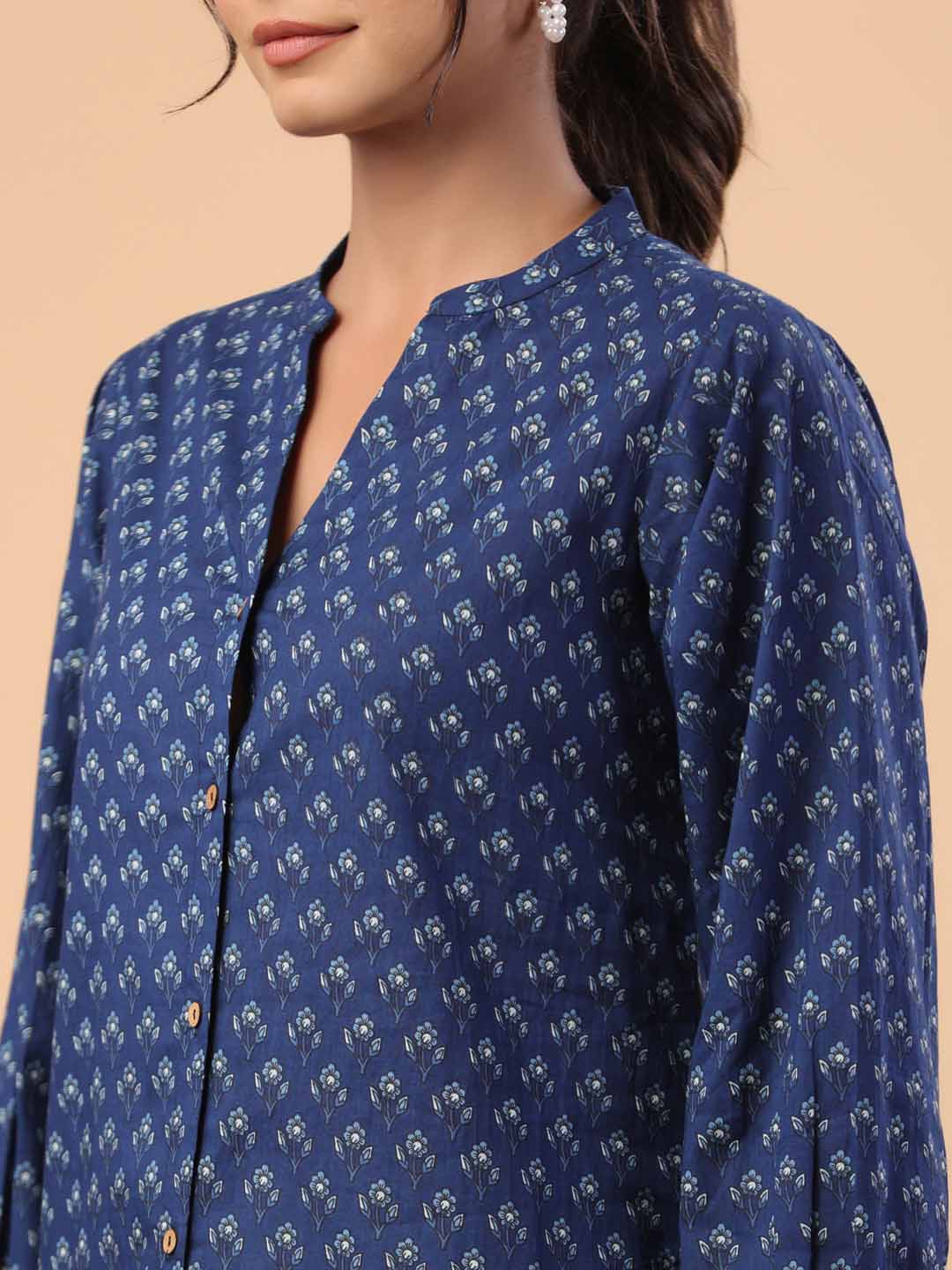 Indigo Cotton Floral A-Line Tunic  - By Janasya