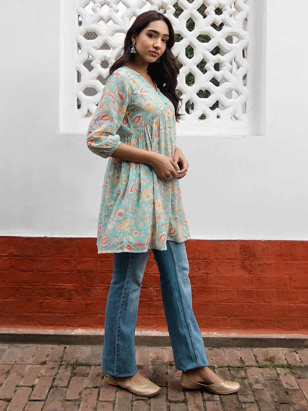 Sea Blue Georgette Floral Gathered Tunic  - By Janasya