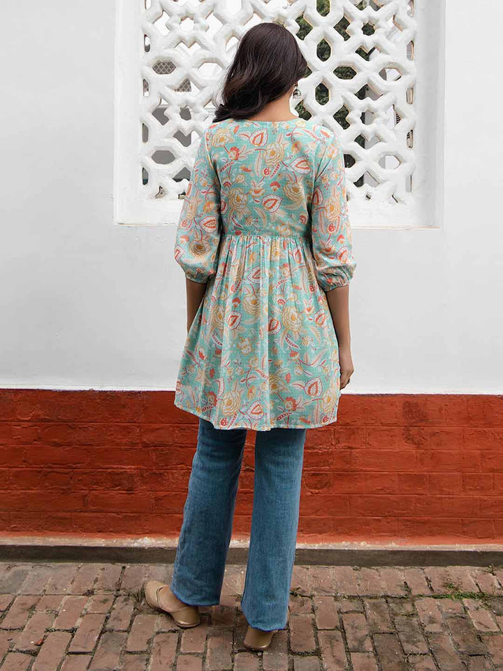 Sea Blue Georgette Floral Gathered Tunic  - By Janasya