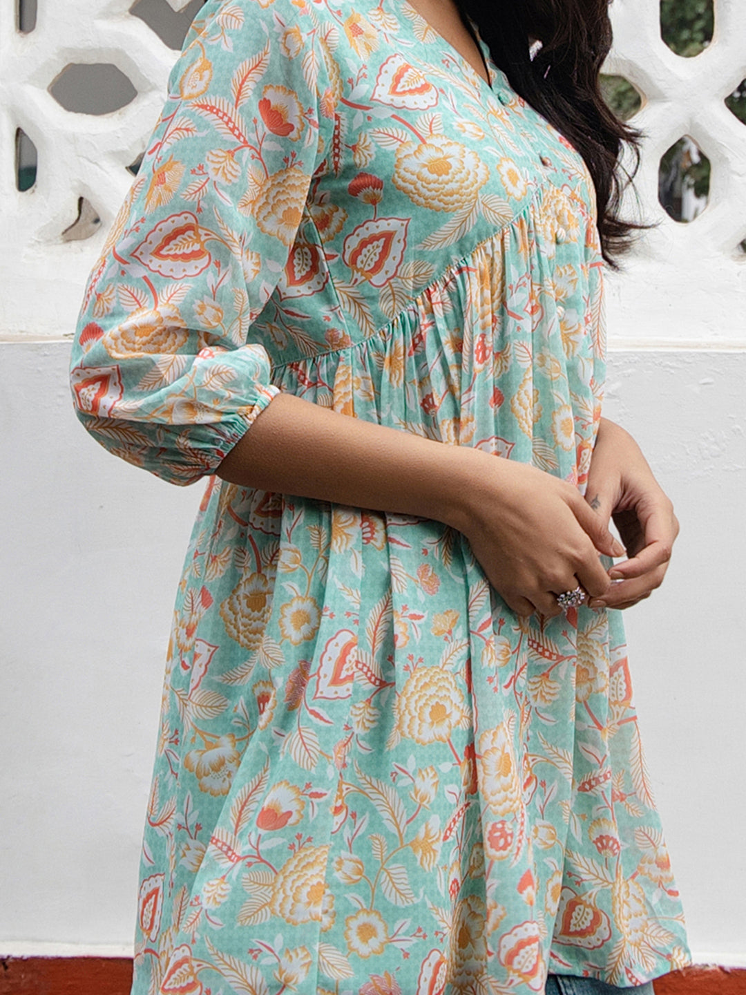 Sea Blue Georgette Floral Gathered Tunic  - By Janasya