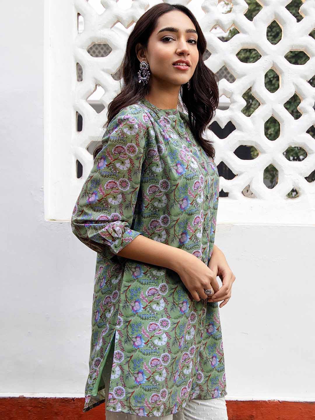 Sage Georgette Floral Printed Regular Tunic  - By Janasya