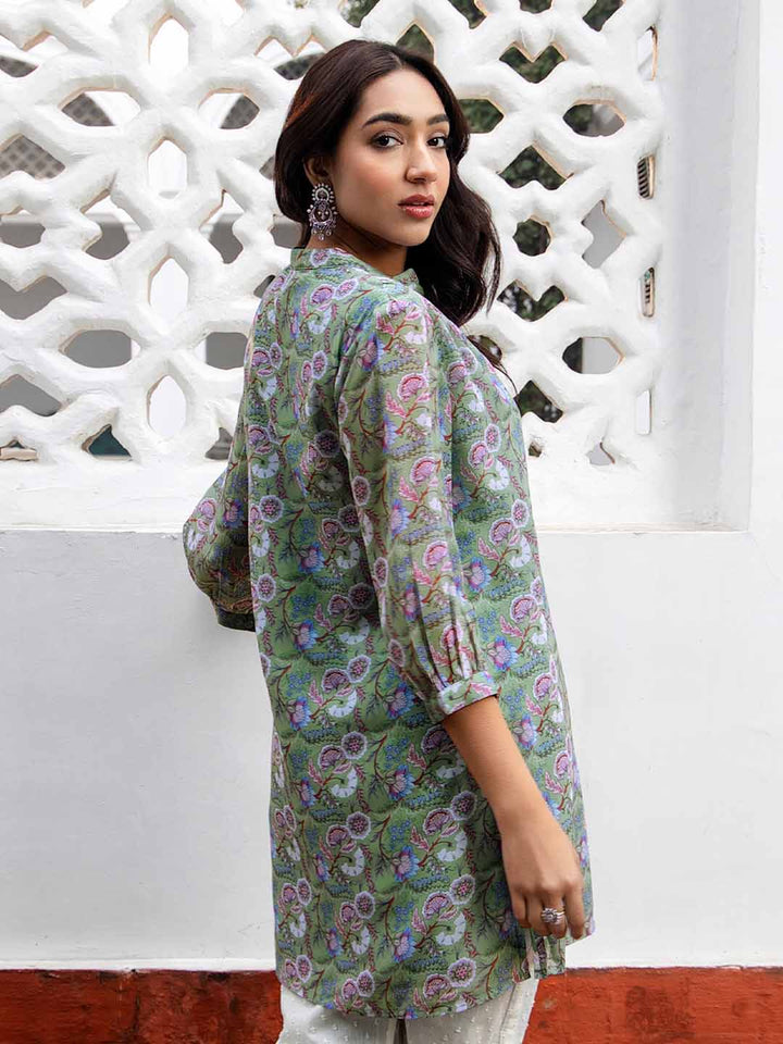 Sage Georgette Floral Printed Regular Tunic  - By Janasya