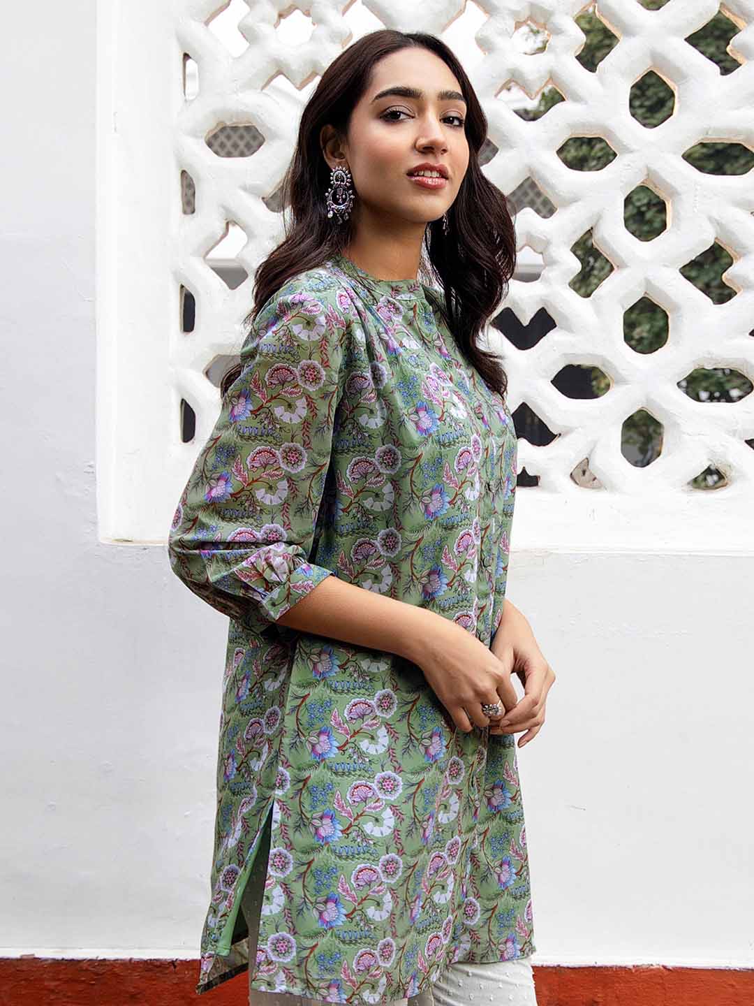 Sage Georgette Floral Printed Regular Tunic  - By Janasya