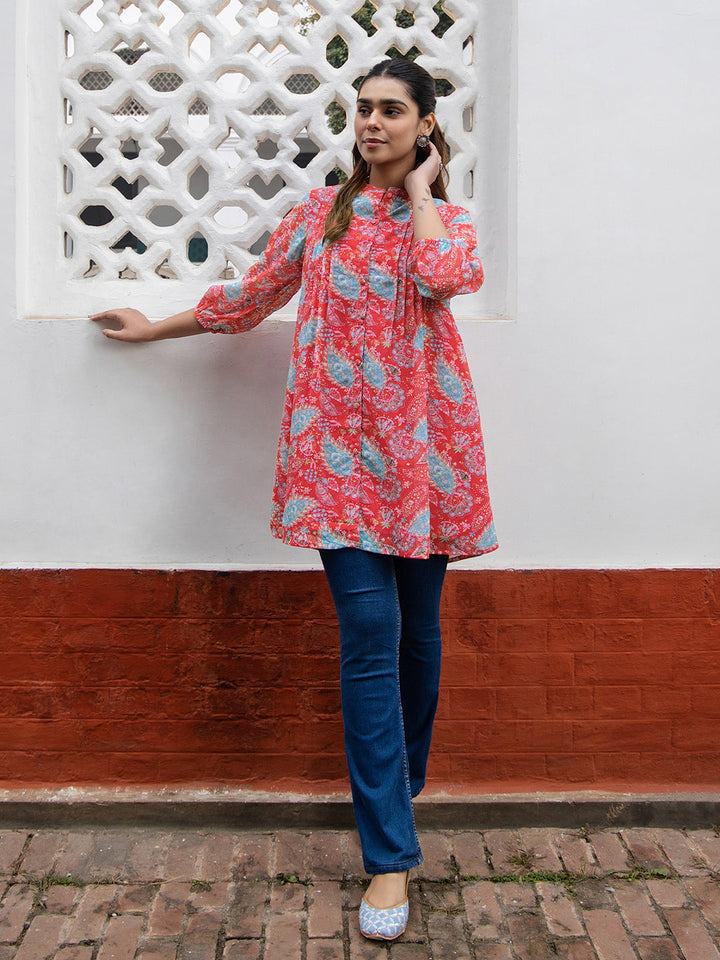 Red Georgette Printed Tunic  - By Janasya