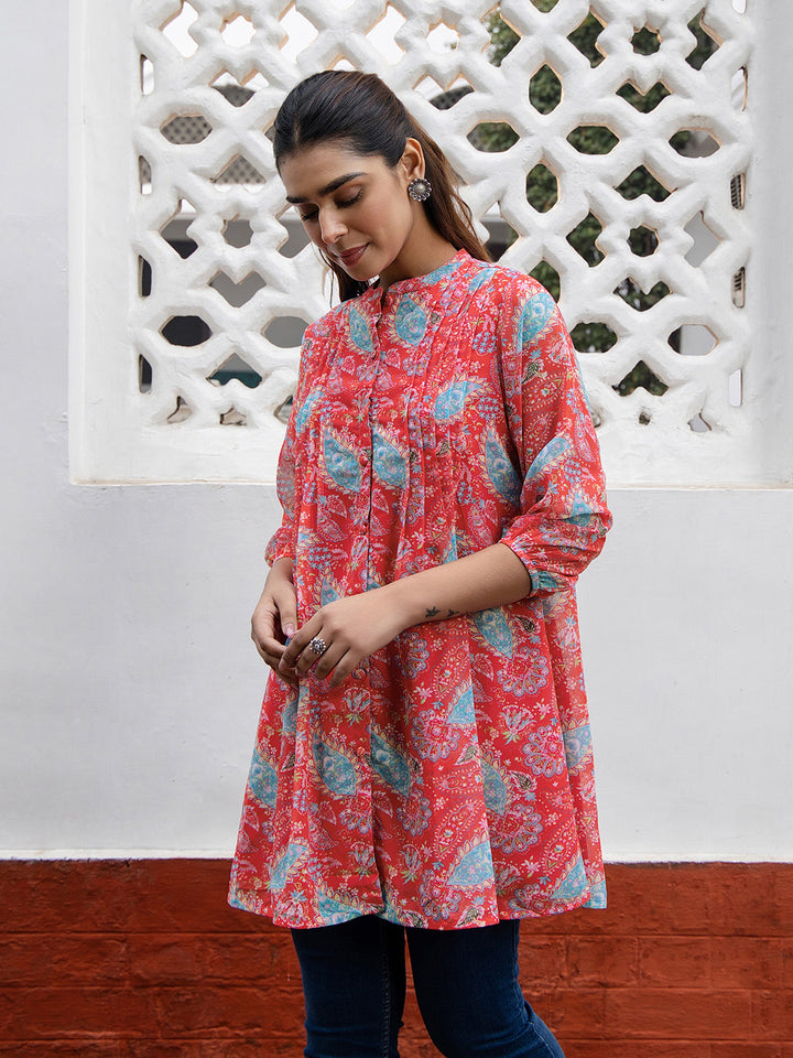 Red Georgette Printed Tunic  - By Janasya