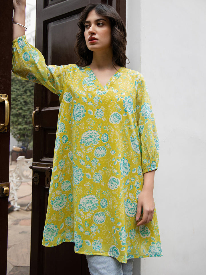 Lime Yellow Georgette Floral Tunic  - By Janasya