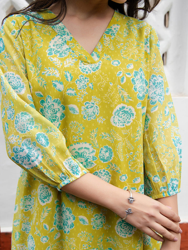 Lime Yellow Georgette Floral Tunic  - By Janasya