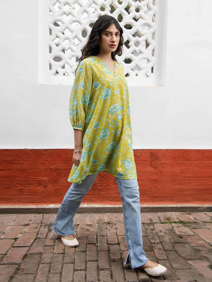 Lime Yellow Georgette Floral Regular Tunic  - By Janasya