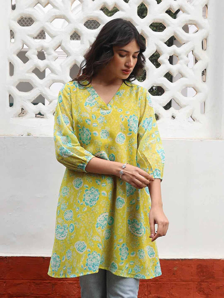 Lime Yellow Georgette Floral Regular Tunic  - By Janasya