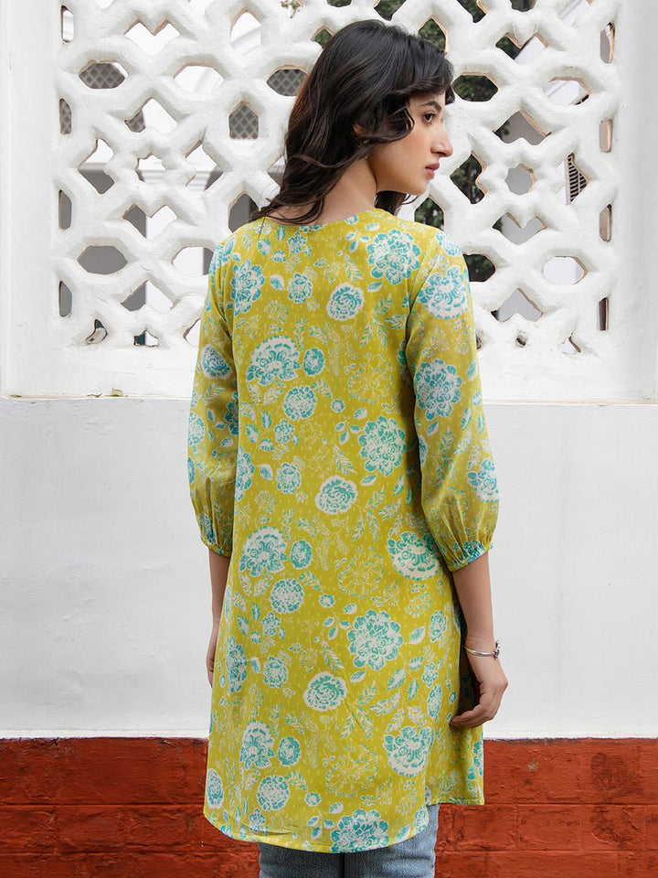 Lime Yellow Georgette Floral Tunic  - By Janasya