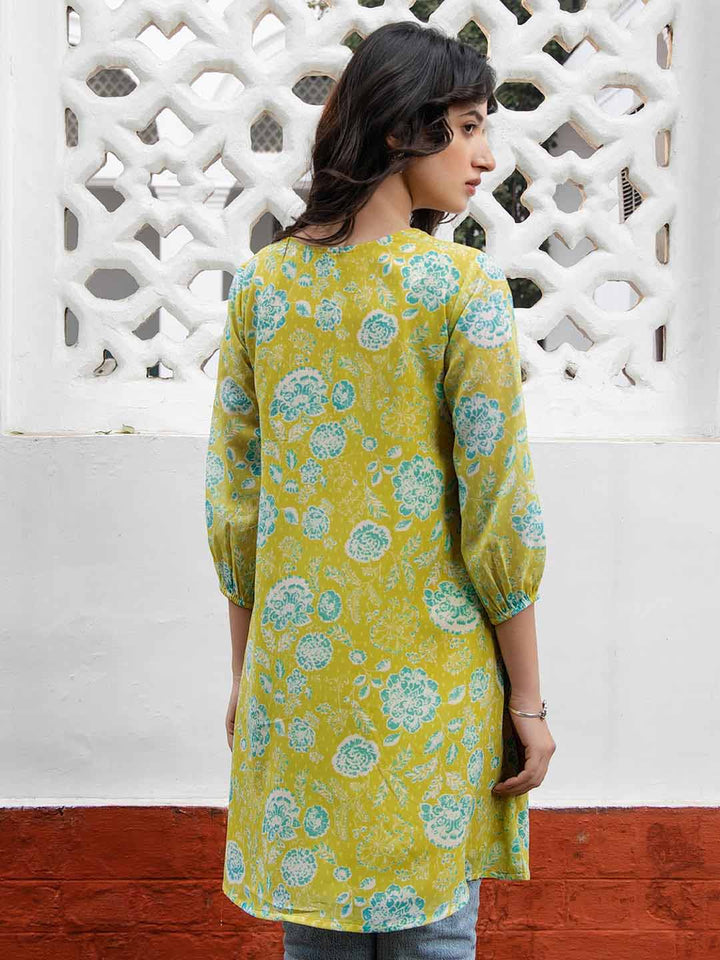 Lime Yellow Georgette Floral Regular Tunic  - By Janasya